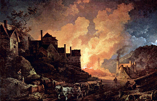 Blast furnaces light the iron making town of Coalbrookdale in Great Britain