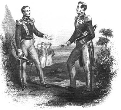 Simon Bolivar and Jose de San Martin at the Guayaguil Conference in 1822 to discuss the future of Peru