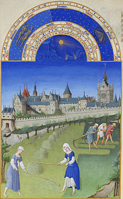 the painting Les Tres Riches Heures du duc de berry showing the harvest during the month of June