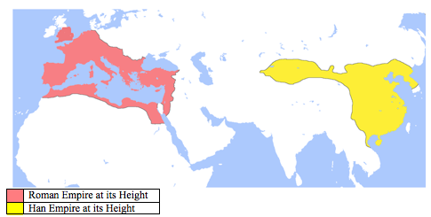 map of the roman empire and the han empire at their heights