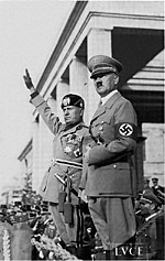 Mussolini from Italy is shown on the left and Hitler from Germany is shown on the right