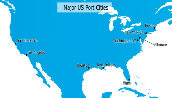 Map of US showing the port cities of Boston, New York City, Washington DC, Baltimore, New Orleans, Houston, Miami, San Francisco, and Los Angeles