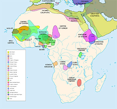 map showing various african civilizations from 500 BCE-1500 CE