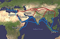 Map Showing the Silk Route/Silk Road; Red is Land Route and the Blue is the Sea/Water Route