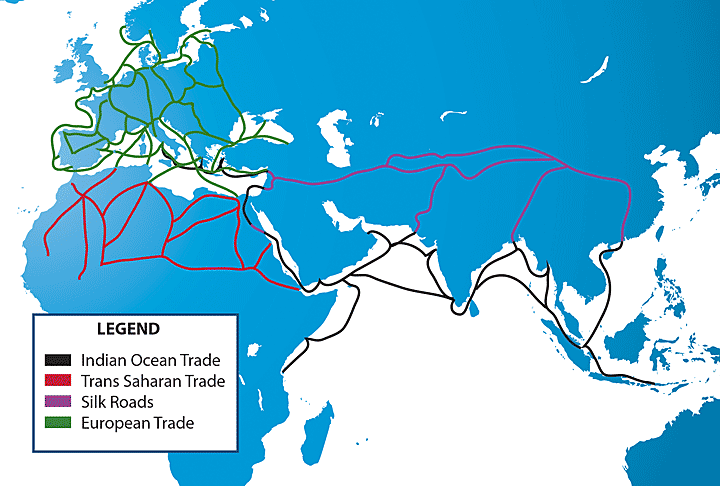 Map of major trade routes in the Afro-Eurasia during the Middle Ages